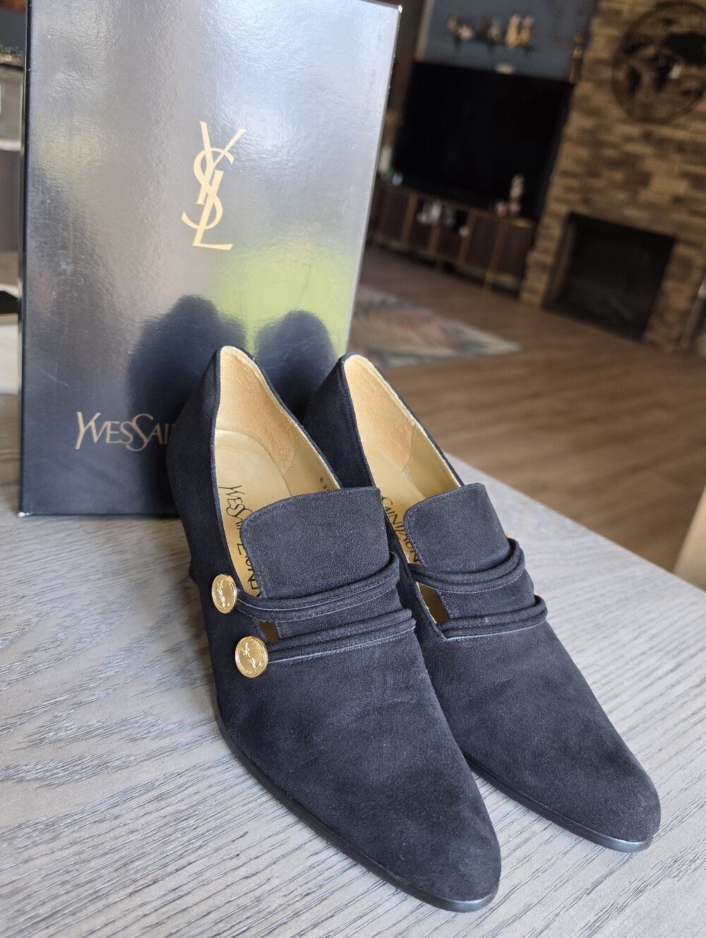 Saint Laurent Black Suede Mid-Heel Loafers with Gold Buttons